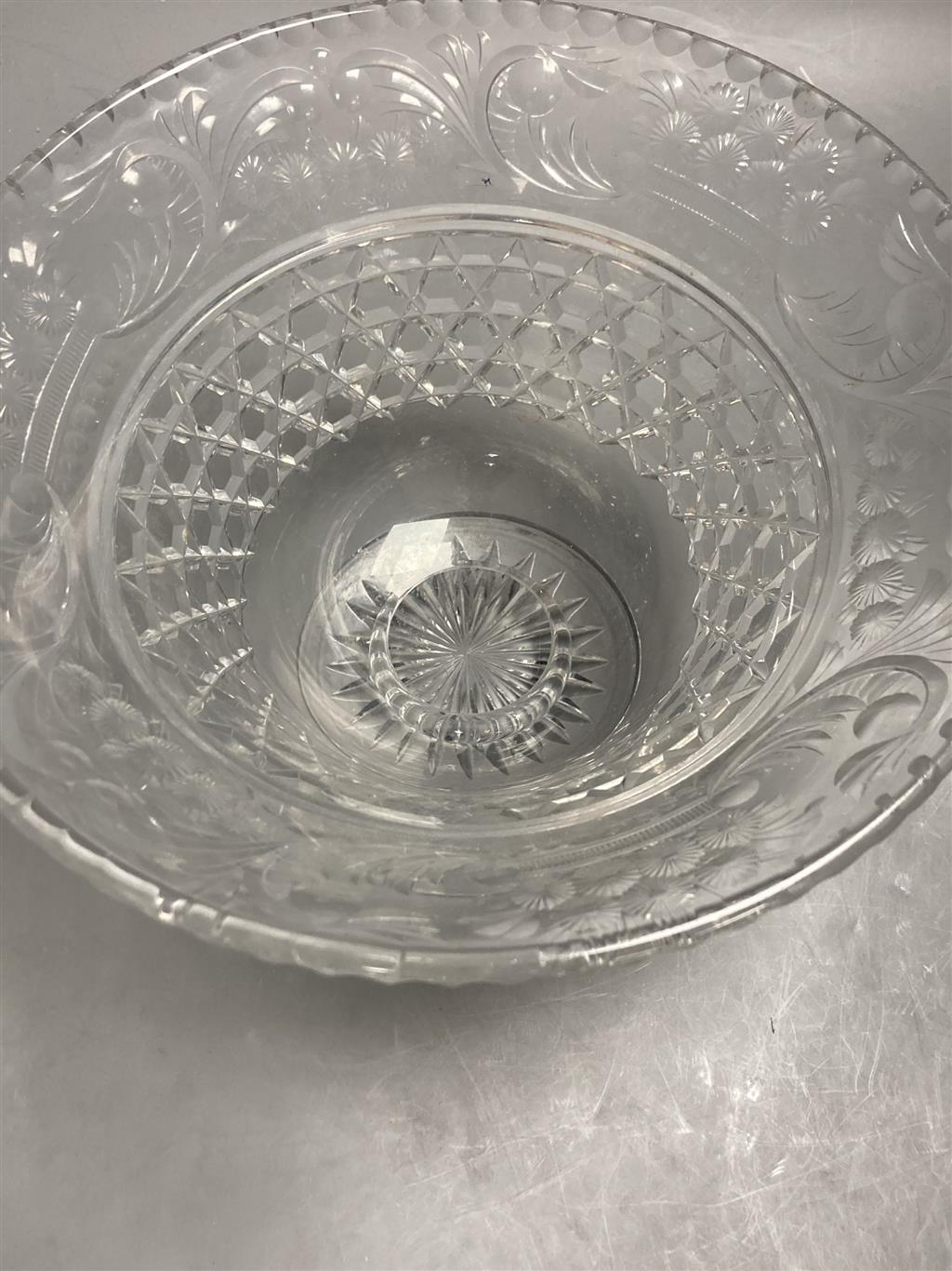 An early 20th century hobnail cut glass rose bowl, with flower and scroll decoration, associated liner, width 26cm height 17cm